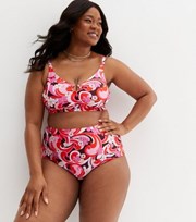 New Look Curves Red Retro Floral Ring Crop Bikini Top